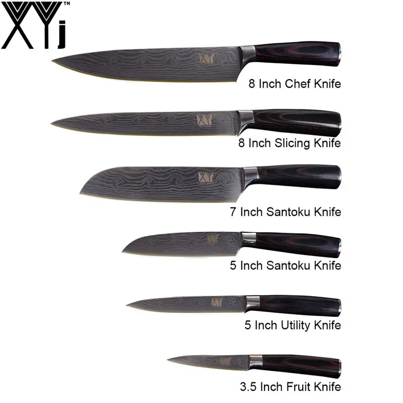 A. (6 Pcs Set) XYj высококачественный набор ножей из нержавеющей стали с цветной деревянной ручкой дамасский узор острое лезвие кухонный нож аксессуары инструменты для приготовления пищи - Цвет: A. (6 Pcs Set)