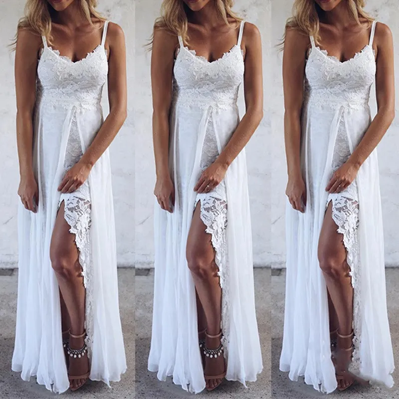 Женское пляжное платье на тонких бретелях белое Однотонное Платье макси с v
