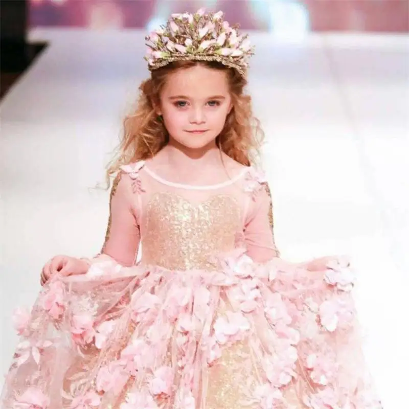 Платье для девочек с длинным рукавом цветочной аппликацией и