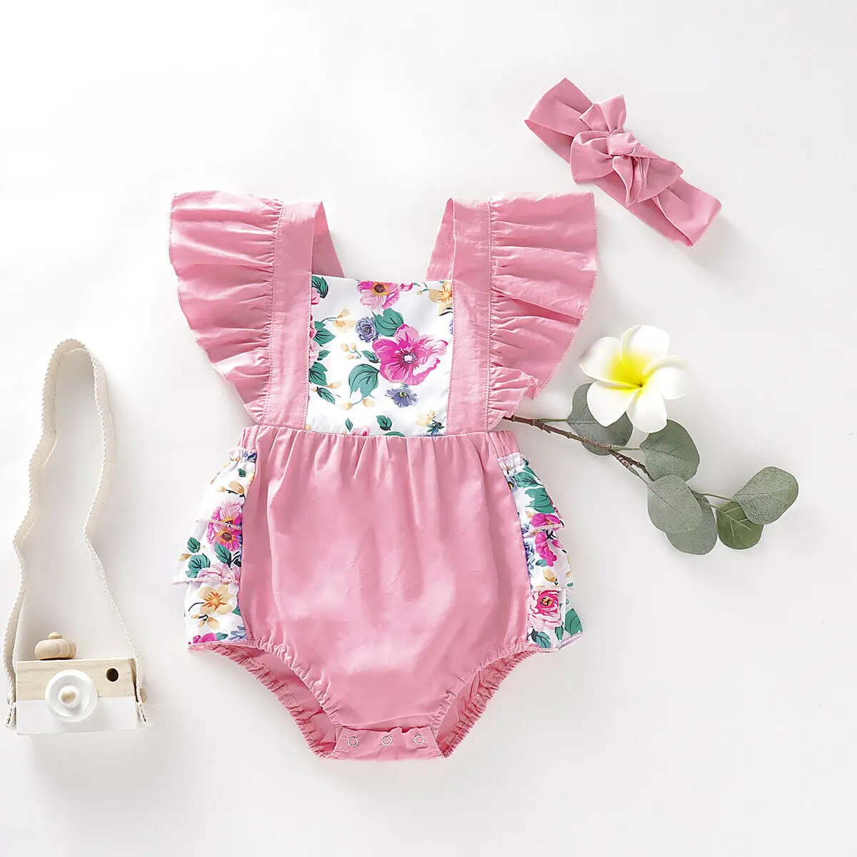 2019 Brand 2pcs Newborn Baby Girl Clothing Romper One Pieces Cotton Floral Ruffle Jumpsuit Headband Clothes Outfits 0-24M New |