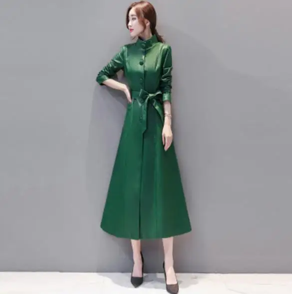 green Новые зимние женские новые пальто из овчины женские длинные пальто Высококачественный большой размер женские осенние приталенная кожаная куртка 5XL - Цвет: green