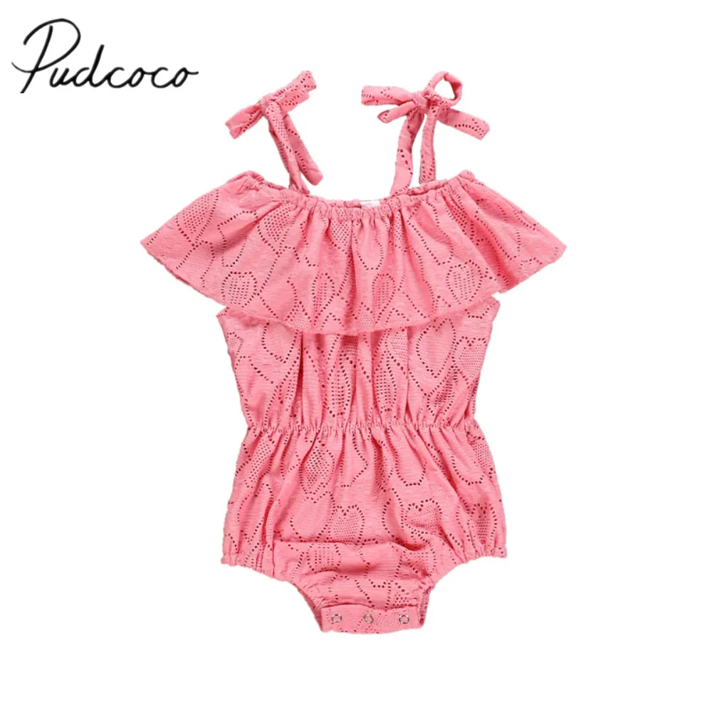 2019 Baby Summer Clothing 0-24M Toddler Girl Bodysuits Ruffles Sleeve Off Shoulder Hollow-out Hearts Pink Jumpsuit Sunsuit | Детская