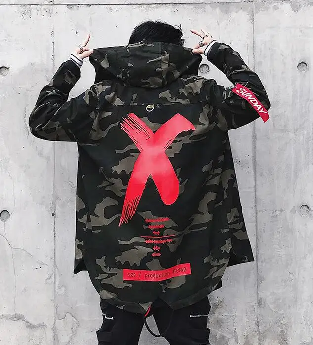 red X куртка камуфляжная Мужская джинсовая куртка хип-хоп Лоскутная хлопковая длинная куртка с капюшоном камуфляжная верхняя одежда мужская куртка с принтом - Цвет: red