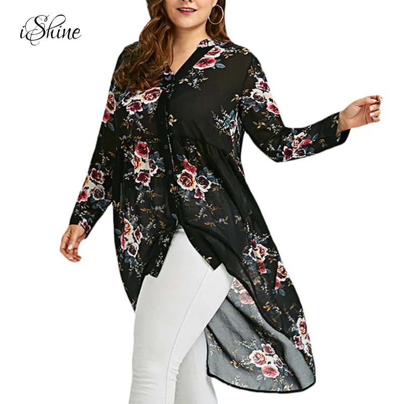 New Women Sexy Chiffon Shirts Blusa Long Sleeve V-neck Irregular 2017 Femme Shirt Tops Summer Autumn Blouses Plus Size Floral |