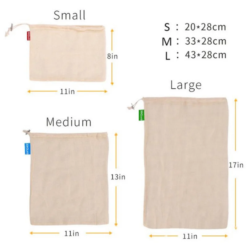 3 Sizes Reusable Natural Cotton Mesh Produce Bags Home Kitchen Drawstring Shopping Bag Fruit Vegetables Storage | Дом и сад