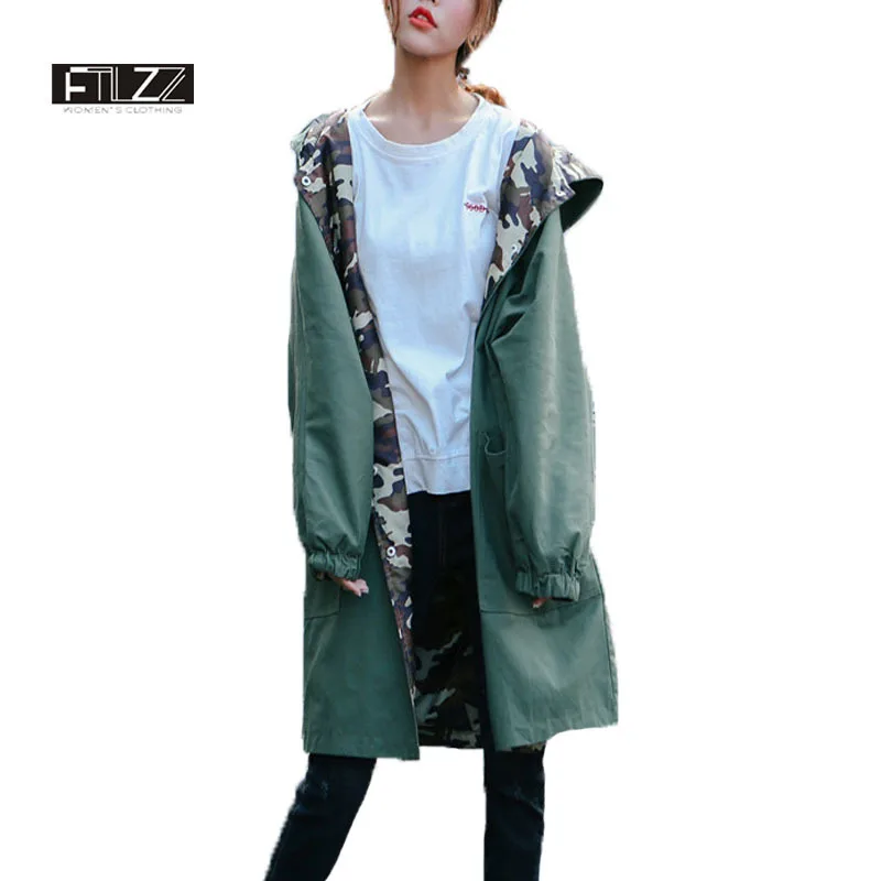 

Spring Autumn Women Both Sides Wear Trench Coat New Casual Hooded Camouflage Overcoat Female Medium Long Coats Mujer Windbreaker