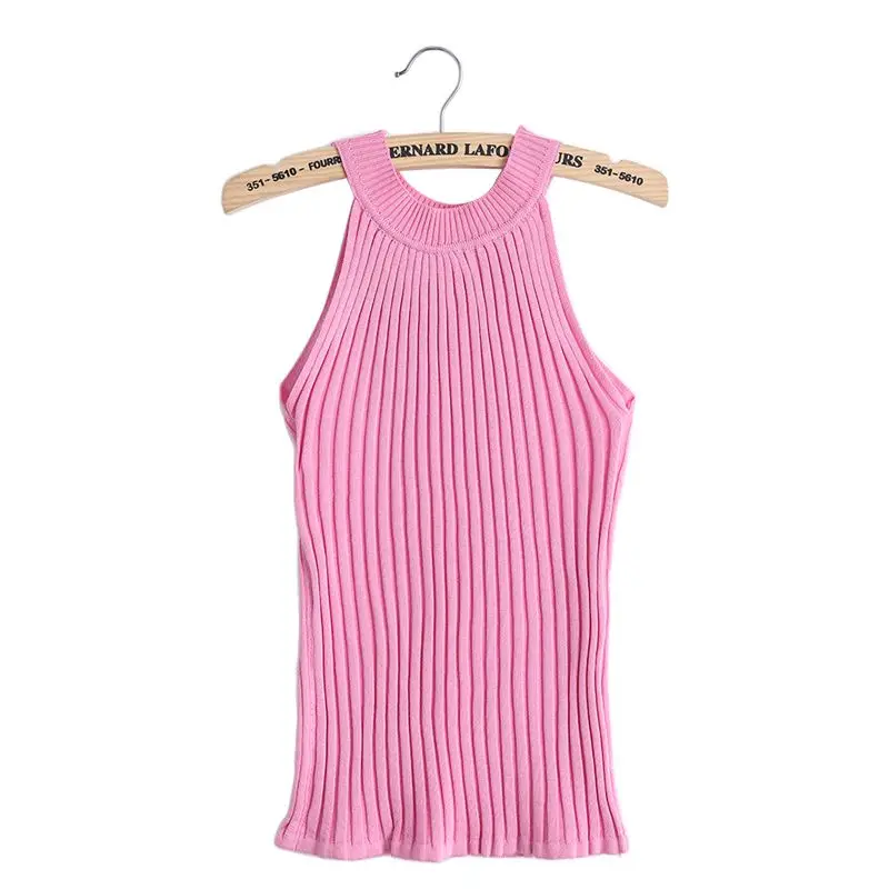 Женская Трикотажная майка с лямкой на шее открытыми плечами и круглым вырезом