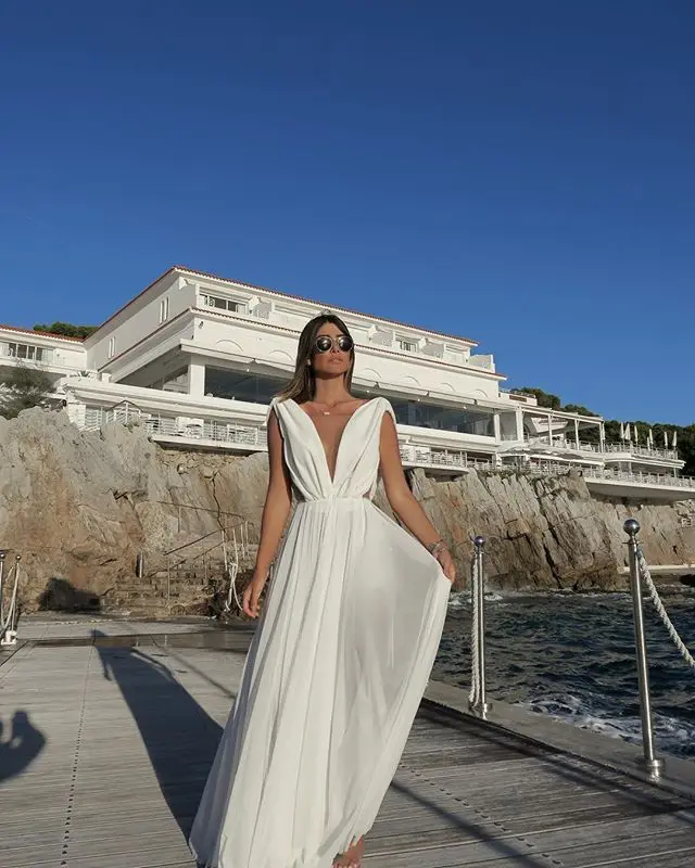 Модные однотонные богемные макси платья для женщин с v образным вырезом офисные