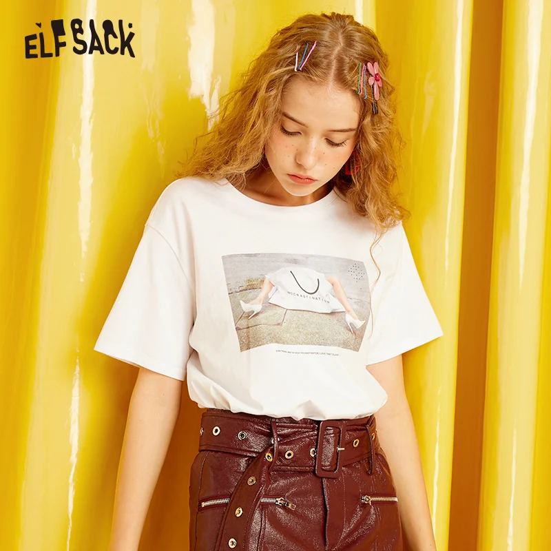 Женские футболки из ELFSACK хлопка с принтом осень 2019 модные женские топы больших
