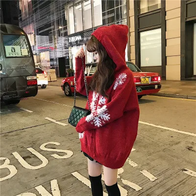 2018 autumn and winter new snowflake hooded lace pullover sweater Christmas loose red female | Женская одежда