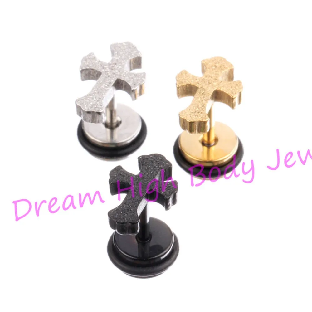 

HENGKE Jewelry Newest style Cross Earring Ear Stud Nail Barbell dull polish Gold Black 316L Stainless Steel frosted