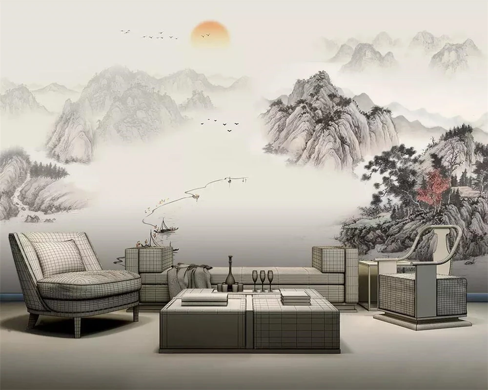 

Chinese artistic conception abstract ink landscape mural wallpaper living room bedroom TV background wall 3d wallpaper