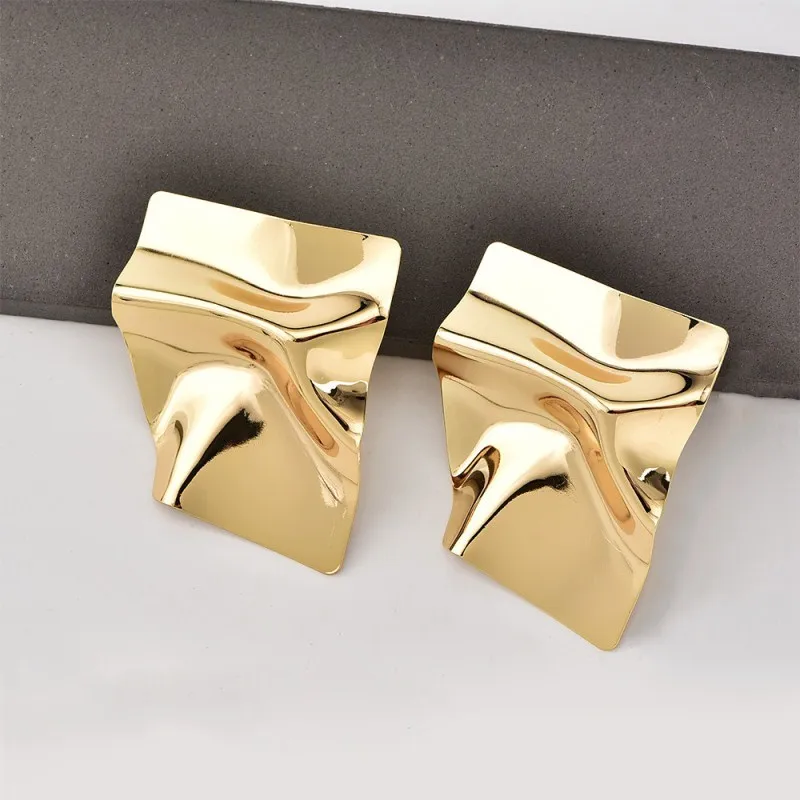 Simple Geometric Irregular Fold Smooth Earrings for Women Big Exaggerated Statement Metal Stud Earings Fashion Jewelry Gift