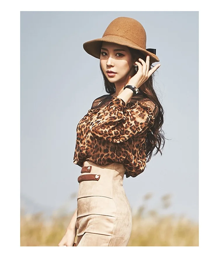 Корейский Для женщин Элегантный Leopard Блузка Топы корректирующие сетки лоскутное