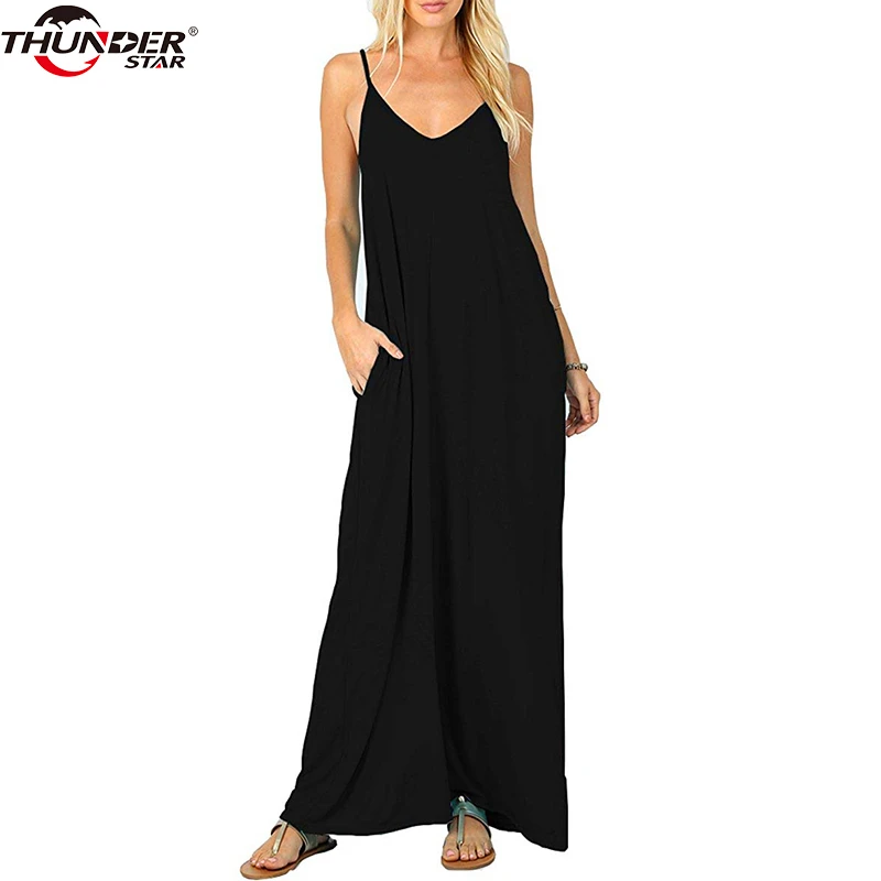 

Women Long dress Female Summer V Neck Spaghetti Strap Plain Flowy Pockets Loose Beach Cami Maxi Dress Casual Sundress Robe Femme