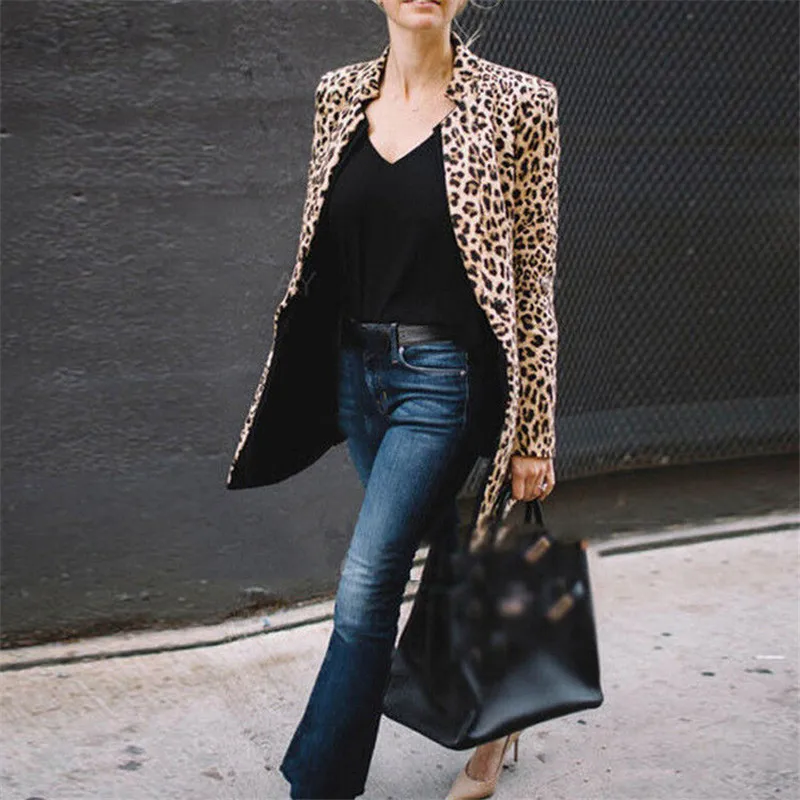 Куртка женская с леопардовым принтом пальто английским воротником и длинным