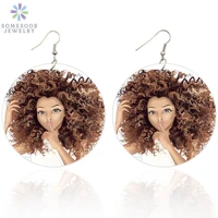 somesoor both sides printing cute curly girl african wooden drop earrings afro natural hair flat round design jewelry for women
