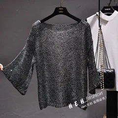 black silver Cakucool для женщин блестками трикотажные топы корректирующие рубашка Slash средства ухода за кожей шеи с длинным Расклешенным рукавом футболк - Цвет: black silver