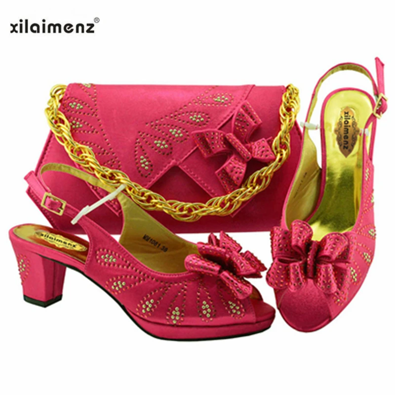 Comfortable Heels Hot Selling 20189 Pink Color Woman Shoes And Matching Bag Set Italian Style Pumps For Party | Обувь