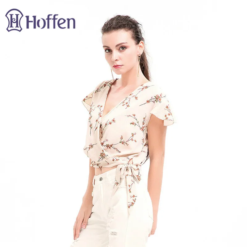Hoffen Sexy Womens V-neck Chiffon Blouse with Bow Butterfly Sleeve Floral Print Cropped Blouses Shirts Summer Casual Tops Blusas | Женская