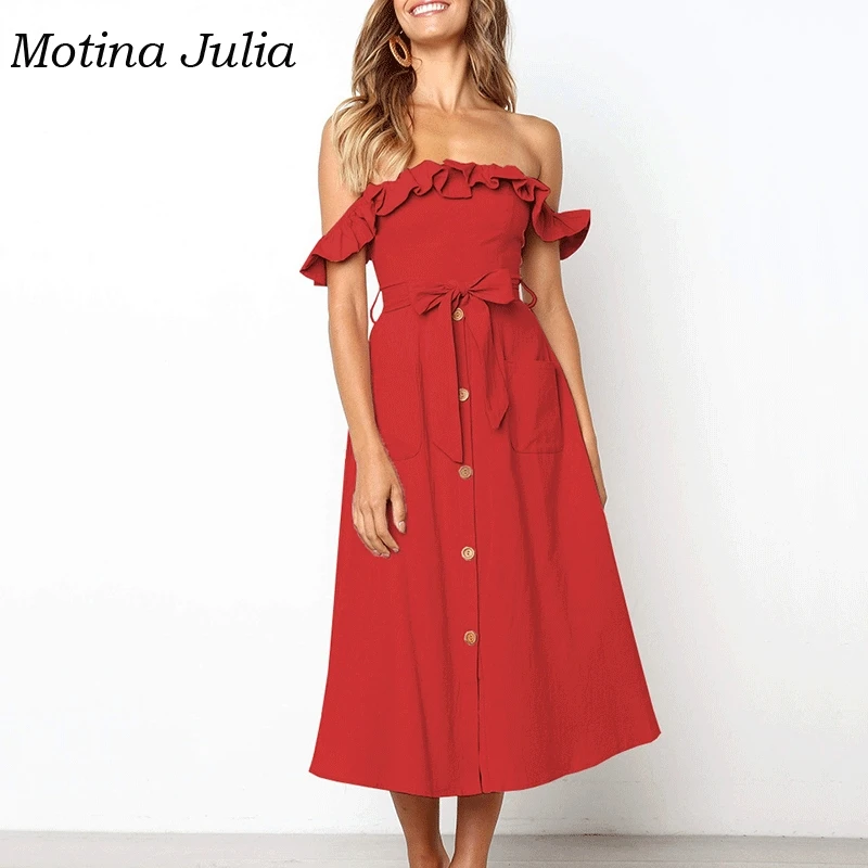 Motina Julia off shoulder ruffle dress women button front bow midi bohemian beach female vestidos pockets | Женская одежда