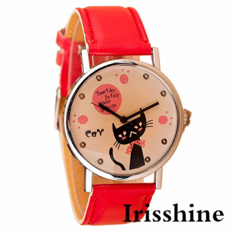 Irisshine i0802 женские часы леди MS девушки студентов Повседневная шкала со стрелкой прекрасный кот PU Кожаный ремешок кварцевые наручные часы в подарок - Цвет: Красный