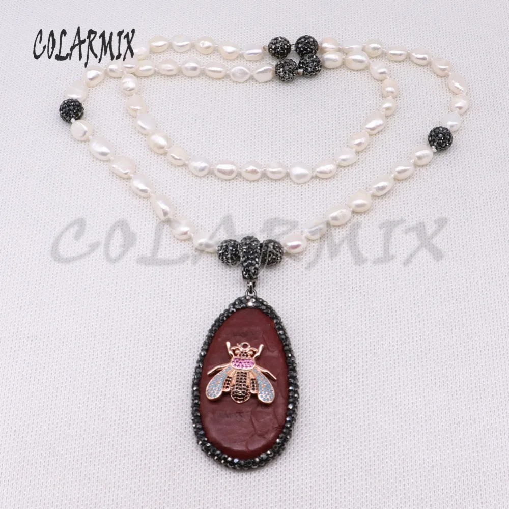 Handmade beaded necklace with Snakeskin Pendant &amp cute tiny bugs fresh water pearls High quality gift for lady 4112 | Украшения и