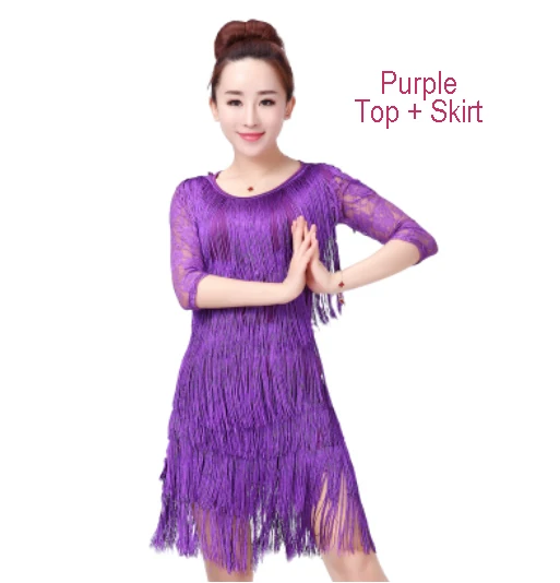 Top and Skirt Purple Топ с бахромой для латинских танцев для женщин, сексуальное платье для латинских танцев, костюм для самбы, танго, юбки для соревнований, перформамны, сальсы, женские латинские - Цвет: Top and Skirt Purple