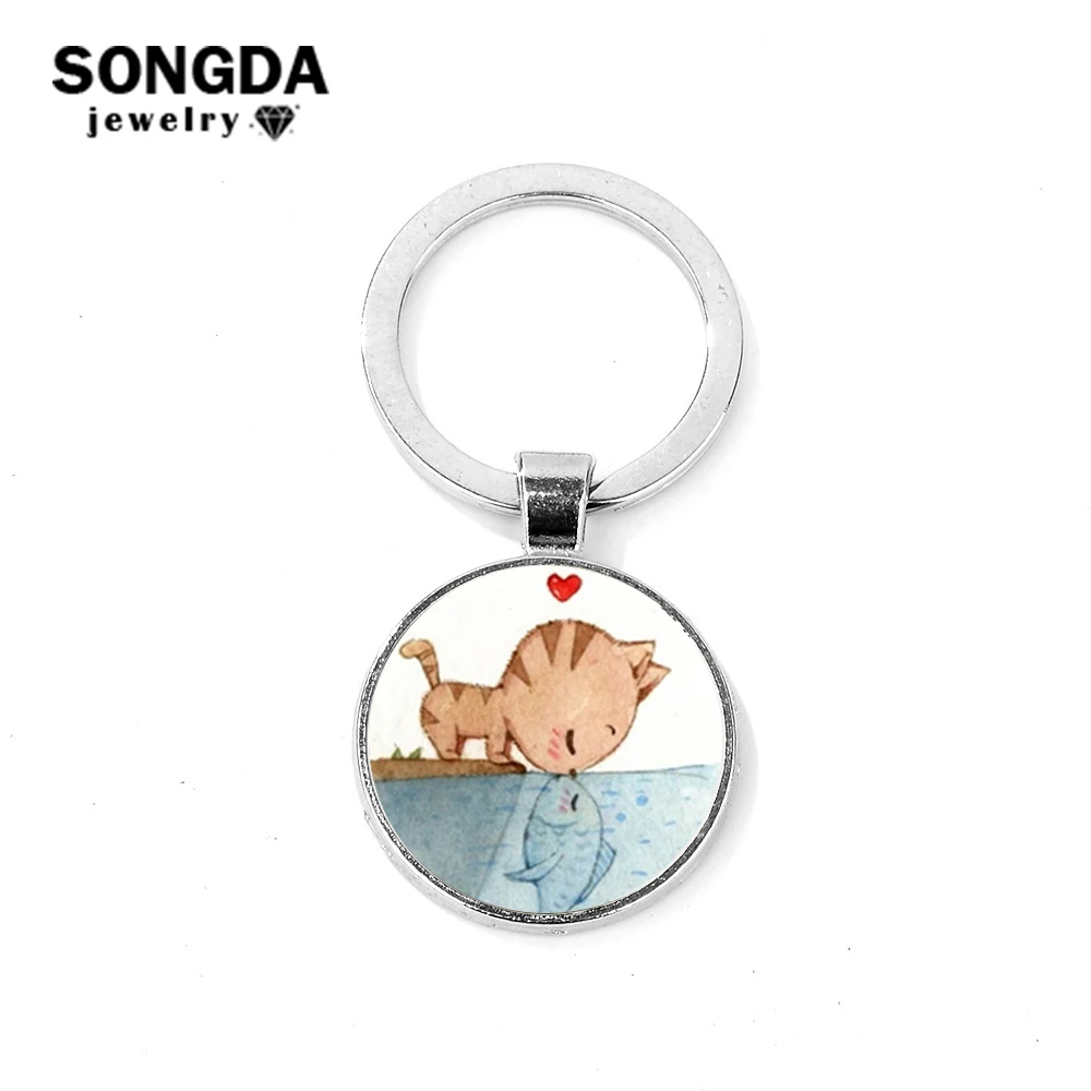 SONGDA забавная с рисунком кота и рыбки Best Friend брелок ручной работы фото Стекло