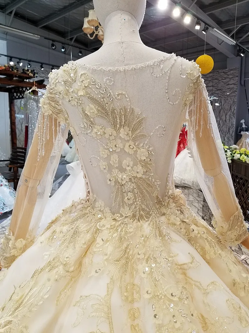 LS369470 Золотое кружевное блестящее свадебное платье Роскошные Длинные тюлевые