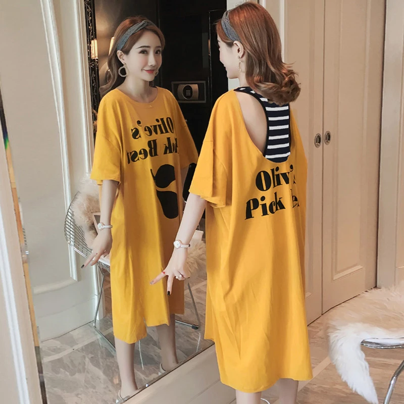2019 большой Размеры поддельные из двух частей длинная футболка платье новый