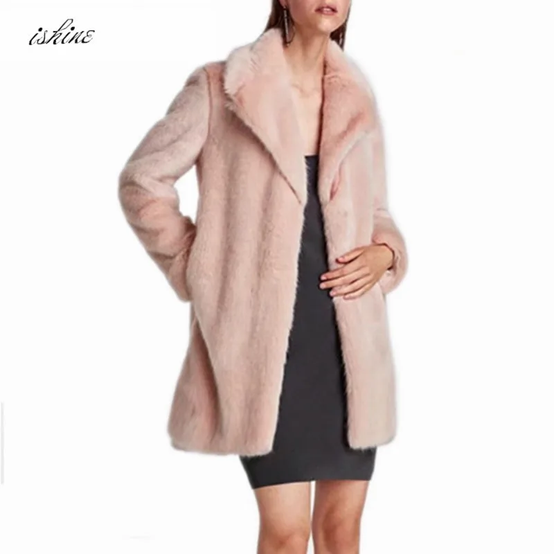 2017 модное розовое мягкое меховое пальто зимнее с длинным рукавом куртка оверсайз