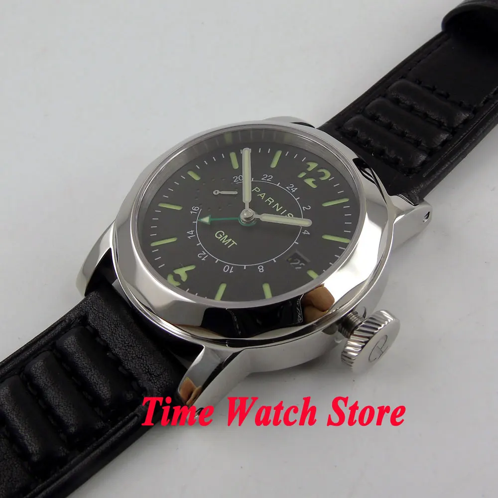 44 мм Parnis GMT мужские часы 707 черный светящийся циферблат сапфировое стекло Дата Окно ST2557 автоматическое движение
