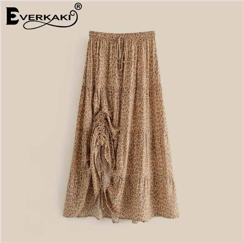 Многоцветный Everkaki Boho юбка с леопардовым принтом юбки женские на шнуровке эластичные трапециевидные свободные богемные юбки Femme Лето Осень новинка - Цвет: Многоцветный