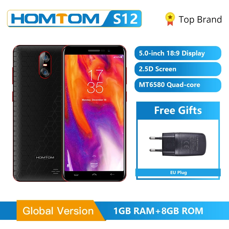 Глобальная версия HOMTOM S12 3G Смартфон Android 6 0 5 дюймов 18:9 полный Дисплей 1 Гб + 8 MTK6580