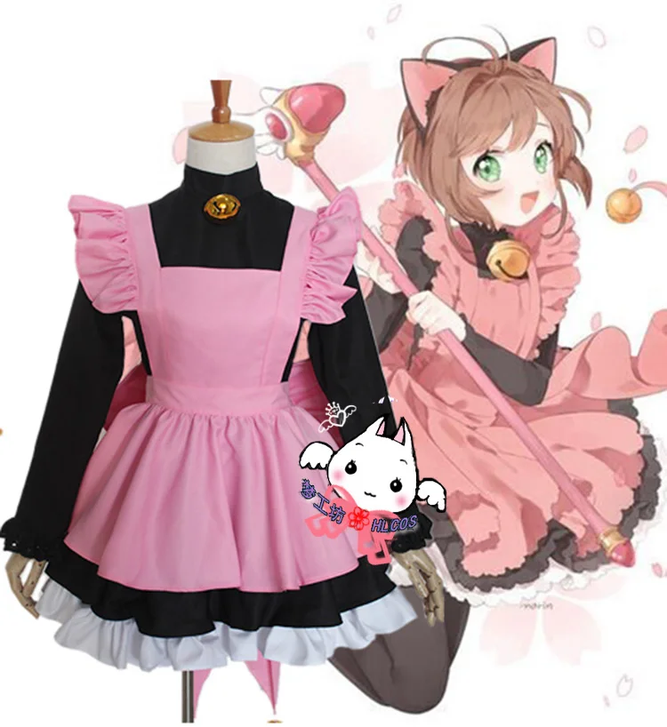 

[STOCK] 2018 Anime Cardcaptor Sakura Black Cat Cafe Maid Uniform Cute Pink Cosplay Costume Full Set For Halloween Free Shipping