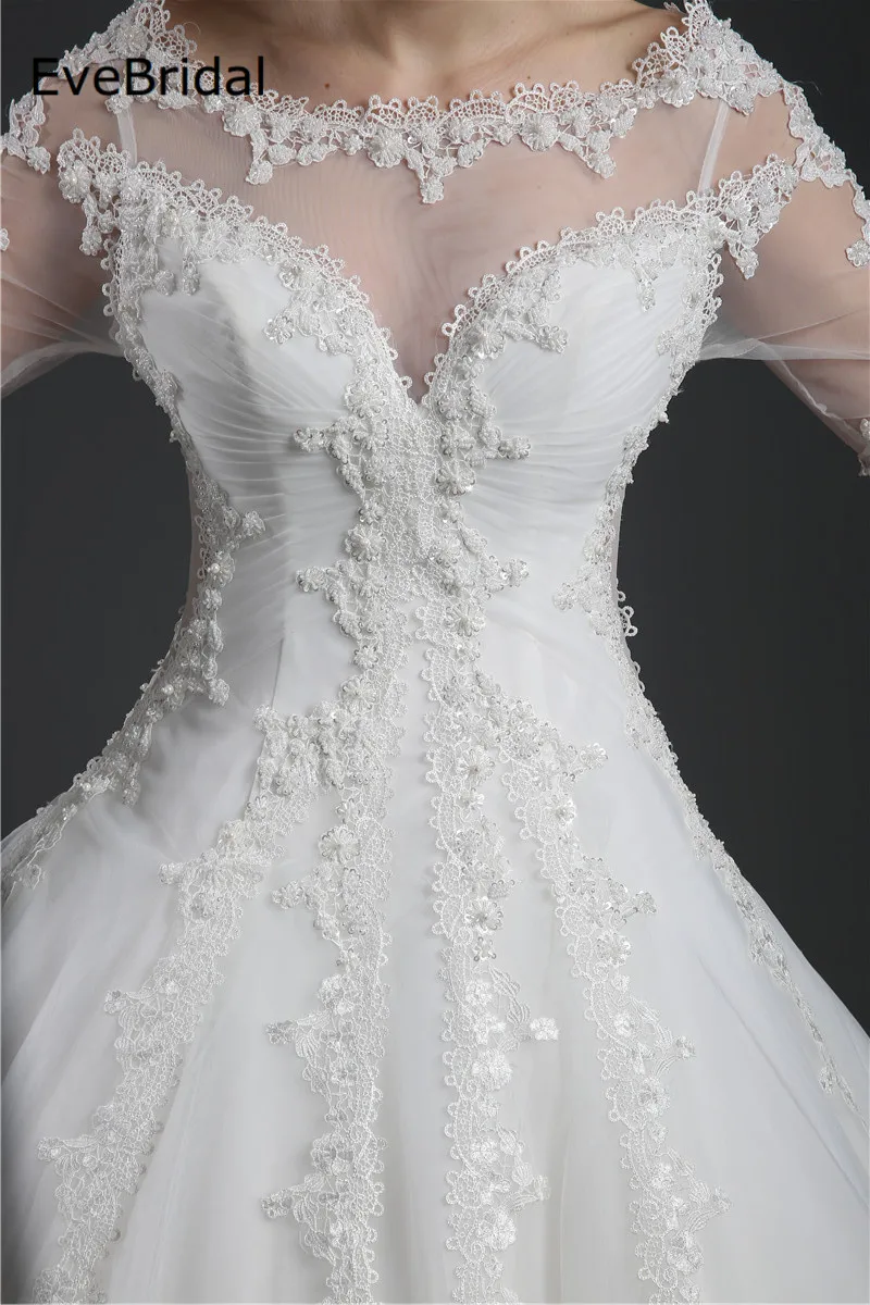 

Vintage Tulle A Line Backless Scoop Half Sleeve Crystals Beading Floor Length Wedding Dress Bride Gown Robe De Mariage