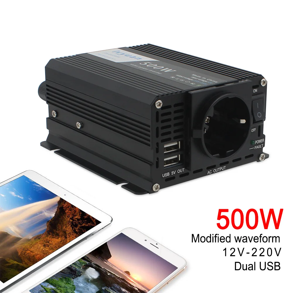 Усилитель мощности инвертор с европейской розеткой USB1000W Peak DC 12V на AC 230V