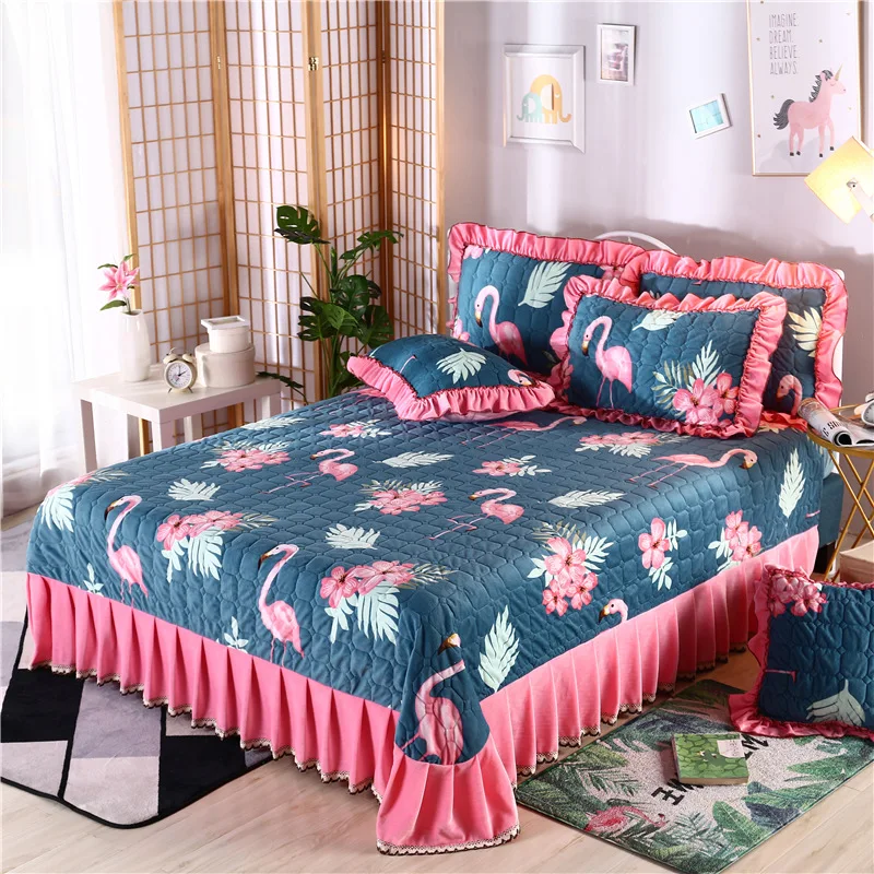 

Thicker Warm Crystal velvet light green Bedspread Fitted Sheet Pillowcases Cotton 2/3pcs Solid Princess Lace Bedding