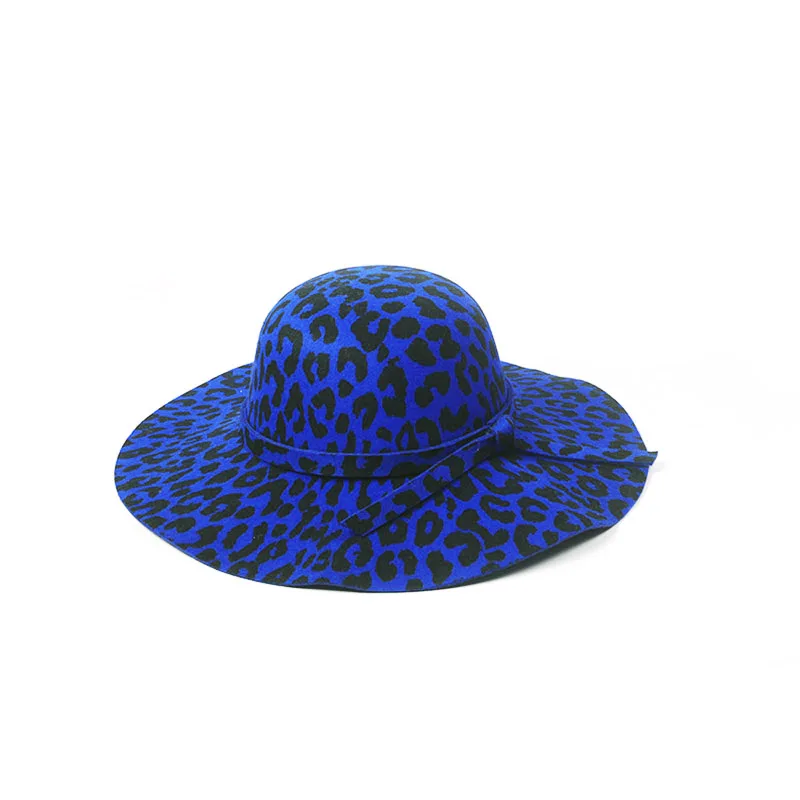 Leopard Blue Осенне-зимние шляпы от солнца с широкими полями, шерсть, элегантные винтажные,, женские, украшенные бантом, леопардовые Пляжные шапки S501 - Цвет: Leopard Blue