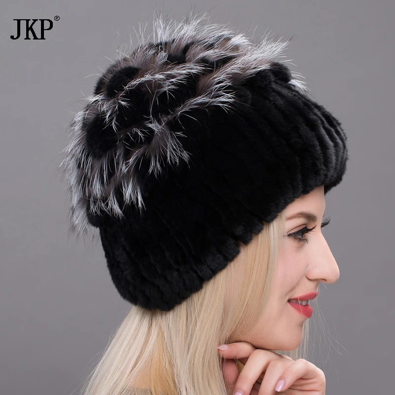 Новый Для женщин кролик меховая шапка с лисьим мехом Швейные цветок голову ремни