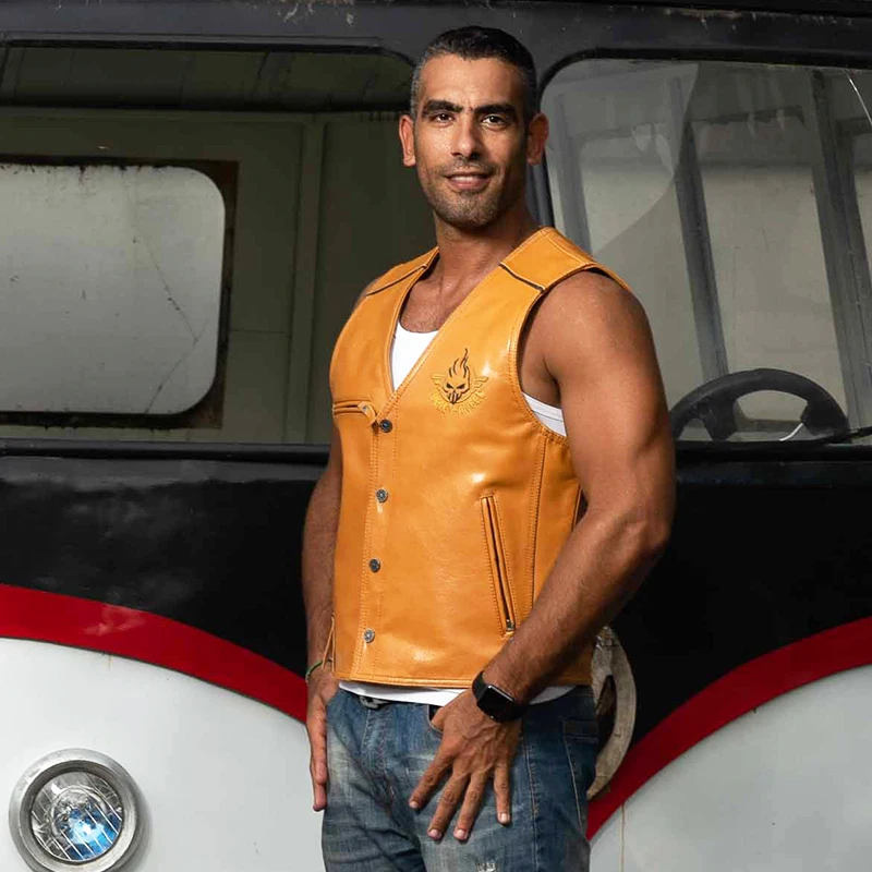 Мужской кожаный жилет с черепами желтая мотоциклетная кожаная куртка без