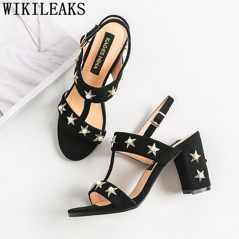 Женские босоножки с жемчугом на высоком блочном каблуке летние привлекательные