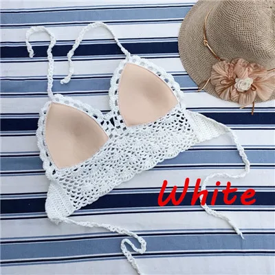 White Top Ручной работы крючком кружева вязать бюстгальтер купальники пляж пуш-ап бикини набор Холтер Cami Tank Crop Top - Цвет: White Top