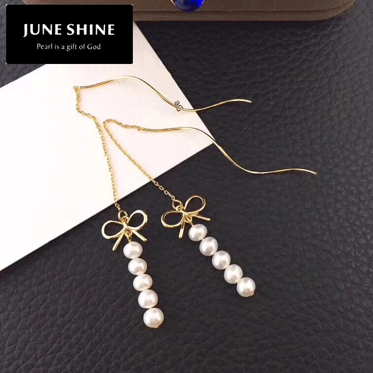 

DE018 Nature Freshwater Pearl Drop Earring White Pearl Ear Thread Bowknot women jewelry Christmas gift Free devivery