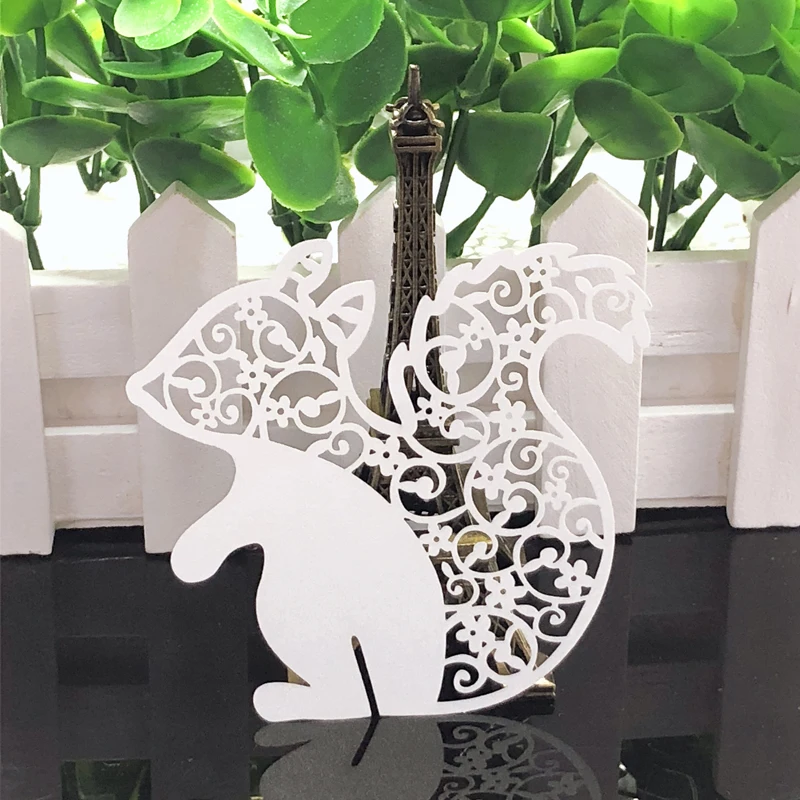 

10Colors 50pcs Squirrel Laser Cut Place Card Cup Card Table Mark Wine Glass Paper Card Wedding Christmas Birthday Party Decor