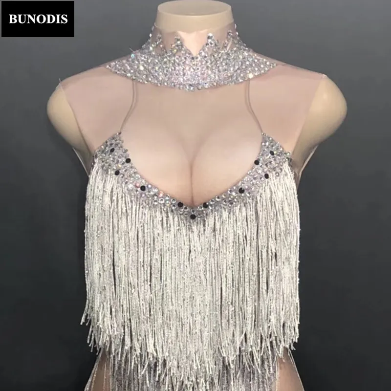 BU293 женский сексуальный боди с длинной серебряной кисточкой без рукавов