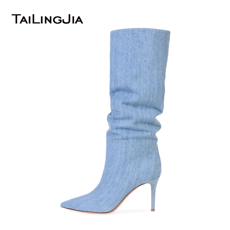 

Pointed Toe High Heel Denim Knee High Slouchy Boots Womens Heeled Jeans Slouch Boots Ladies Mid Heel Spring Autumn Shoes 2021