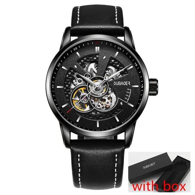 Black with Box OUBAOER мужские s часы лучший бренд класса люкс автоматические механические часы Мужские Кожаные Бизнес водонепроницаемые спортивные часы Relogio Masculino - Цвет: Black with Box