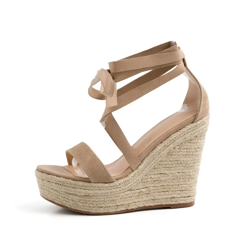 AIWEIYi/женские замшевые сандалии Коричневые Плетеные туфли на танкетке с открытым
